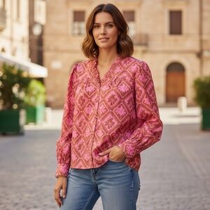 NWT Avara Sonia Printed Top Sz L Pink Brown Button Up Crochet Trim